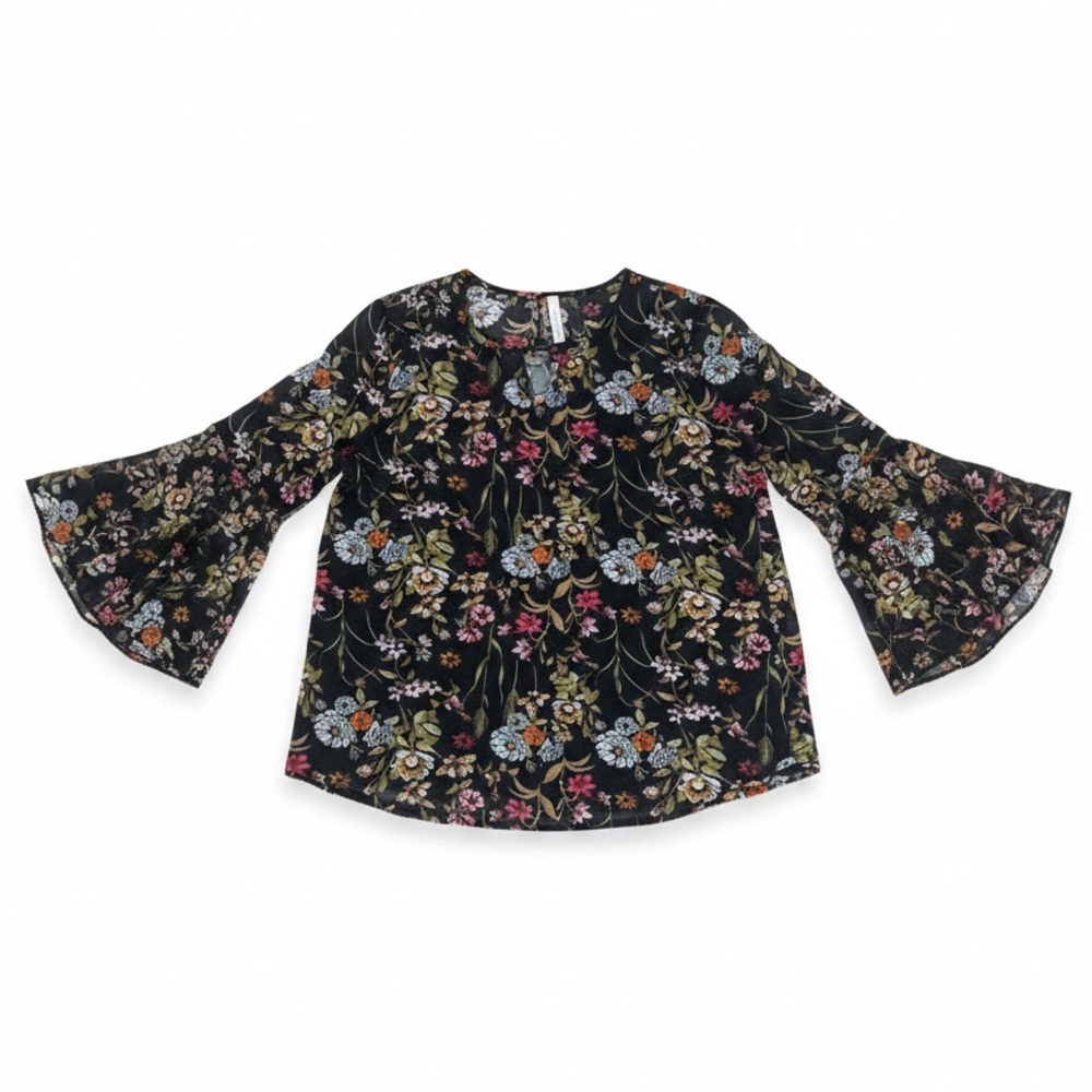 Watermelon Floral Flutter Sleeve Blouse • 3/4 Sleeve • Curved Hem